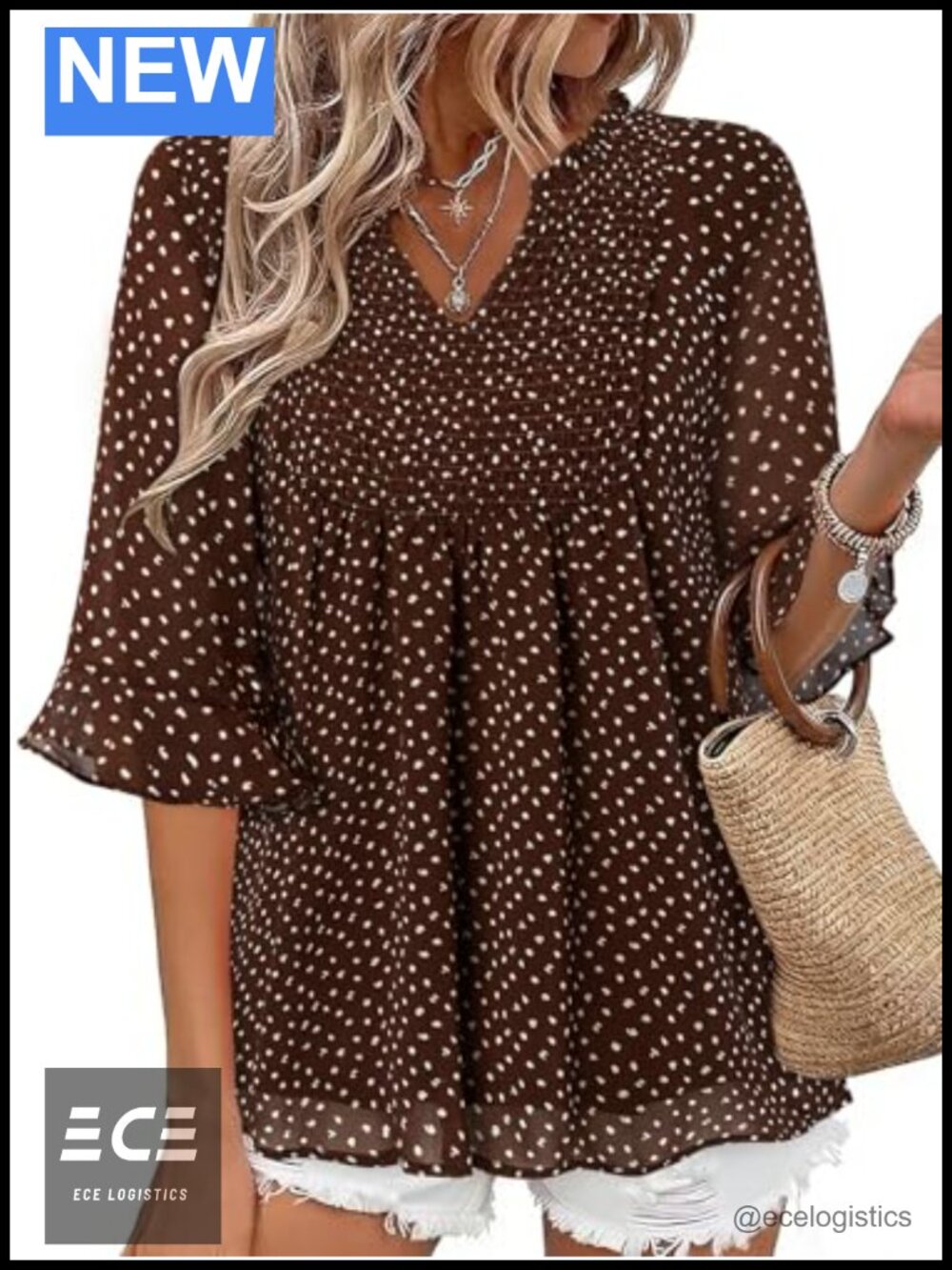 Women's Chiffon V Neck Ruffle Sleeve Blouse Double Layered Tunic Top